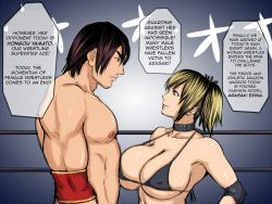 Rule 34 | 1boy, 1girl, armpits, bare shoulders, bikini, bikini top only, blue eyes, breasts, brown hair, choker, covered erect nipples, hard-translated, highres, large breasts, makiya, mixed wrestling, muscular, nipples, original, short hair, speech bubble, swimsuit, third-party edit, translated, twintails, wrestling, wrestling outfit, wrestling ring