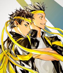 Rule 34 | 2boys, akaashi keiji, black hair, bokuto koutarou, crossed arms, earrings, green eyes, grin, hachimaki, haikyuu!!, headband, highres, hiromu 0811, jewelry, looking at viewer, looking away, male focus, mouth hold, multicolored hair, multiple boys, open clothes, profile, simple background, smile, standing, two-tone hair, whistle, yellow eyes