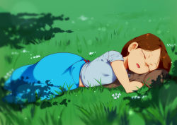 Rule 34 | 1girl, :d, absurdres, bad id, bad pixiv id, blue shirt, blurry, blurry foreground, brown hair, closed eyes, commentary, day, depth of field, english commentary, facing viewer, grass, highres, jcm2, kit (jcm2), long hair, lying, on grass, on ground, on side, open mouth, original, outdoors, shirt, short sleeves, sleeping, smile, solo
