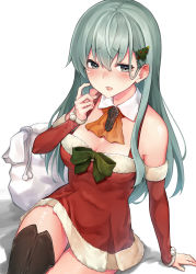 Rule 34 | 1girl, bare shoulders, blush, breasts, cleavage, detached collar, detached sleeves, green eyes, green hair, hair between eyes, hair ornament, hairclip, highres, kamidanomi, kantai collection, long hair, looking at viewer, medium breasts, open mouth, sack, santa costume, simple background, solo, suzuya (kancolle), white background