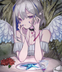 Rule 34 | 1girl, absurdres, amane kanata, angel, angel wings, armlet, asymmetrical hair, bare shoulders, black neckwear, blue eyes, blue hair, blue nails, bracelet, choker, collarbone, colored eyelashes, colored inner hair, crossed bangs, cup, dress, drinking glass, eating, elbows on table, eyelashes, feathered wings, fingernails, flower, food, fork, frilled dress, frilled sleeves, frills, grey hair, half-closed eyes, hands on own cheeks, hands on own face, highres, holding, holding fork, holding knife, holding utensil, hololive, jewelry, knife, long fingernails, matsushima dayo, multicolored hair, nail polish, pale skin, pendant, pendant choker, pink bracelet, pink pupils, pinstripe dress, pinstripe pattern, plate, pout, red flower, red rose, rose, shirt, short sleeves, sidelocks, single hair intake, solo, spaghetti strap, star (symbol), star choker, starfish, striped, table, thick eyelashes, utensil, virtual youtuber, white shirt, wings