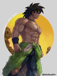 Rule 34 | 1boy, abs, artist name, bara, biceps, black eyes, black hair, broly (dragon ball super), bulge, clenched hands, collar, dark-skinned male, dark skin, dragon ball, dragon ball super, large pectorals, long hair, long skirt, looking to the side, male focus, manly, mature male, muscular, muscular male, nipples, pants, pectorals, scar, scar on chest, skirt, solo, spiked hair, thick arms, thick eyebrows, thick thighs, thighs, tight clothes, tight pants, topless male, torakichi (ebitendon), torn clothes, twitter username, wristband