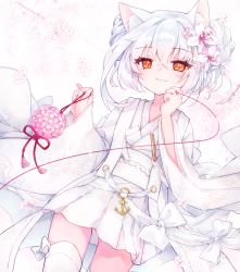 Rule 34 | 1girl, animal ear fluff, animal ears, azur lane, cat ears, closed mouth, commentary request, dutch angle, fingernails, flower, hair between eyes, hair flower, hair ornament, hands up, highres, holding, japanese clothes, kimono, kimono skirt, long hair, long sleeves, looking at viewer, obi, pink flower, red eyes, sash, shichijou natori, short kimono, silver hair, sleeves past wrists, smile, solo, string, string around finger, string of fate, white flower, white kimono, wide sleeves, yukikaze (azur lane), yukikaze (the warmth of spring) (azur lane)