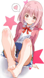 1girl absurdres barefoot blush brown_eyes feet highres hoshizaki_akari looking_at_viewer medium_hair ongeki panties pantyshot pink_hair smile soles steam toes underwear uroichi