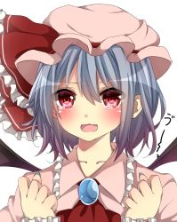 Rule 34 | 1girl, ascot, bad id, bad nicoseiga id, blue hair, blue nails, blush, bow, clenched hand, close-up, d:, dress, eyes visible through hair, fang, frilled bow, frills, gem, hair between eyes, hat, hat bow, highres, long sleeves, looking at viewer, nail polish, open mouth, pink dress, red ascot, red bow, red eyes, remilia scarlet, short hair, simple background, solo, tearing up, tears, teeth, touhou, uu~, white background, wings, yamasuta