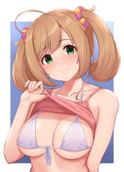 Rule 34 | 1girl, ahoge, bare shoulders, blue background, blush, border, bra, breasts, brown hair, camisole, camisole lift, cleavage, closed mouth, clothes lift, commentary request, gradient background, green eyes, hair ornament, hair scrunchie, idolmaster, idolmaster cinderella girls, large breasts, long hair, looking at viewer, outside border, red camisole, sato shin, scrunchie, smile, solo, tomajiyama, twintails, underwear, upper body, white border, white bra