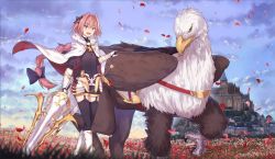 Rule 34 | 1boy, :d, astolfo (fate), black thighhighs, blue sky, boots, bow, braid, cape, castle, day, fang, fate/a, fate (series), field, floating cape, flower, flower field, garter straps, gauntlets, griffin, hair bow, hippogriff, holding, holding lance, holding polearm, holding weapon, ibuki notsu, lance, long hair, looking at viewer, male focus, open mouth, outdoors, pink hair, polearm, purple bow, purple eyes, red cape, single braid, skin fang, sky, smile, solo, standing, thighhighs, two-sided cape, two-sided fabric, very long hair, walking, weapon, white cape, white footwear