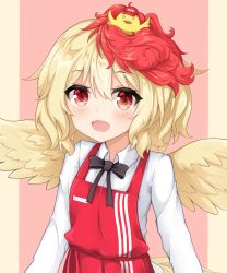 Rule 34 | 1girl, :d, animal, animal on head, apron, bird, black bow, black bowtie, blonde hair, blush, bow, bowtie, breasts, chick, collared shirt, commentary, fang, feathered wings, hat, highres, kfc, long sleeves, mixed-language commentary, multicolored hair, niwatari kutaka, on head, open mouth, pillarboxed, pink background, red apron, red eyes, red hair, red hat, shirt, short hair, simple background, small breasts, smile, solo, tilt gyx, touhou, two-tone hair, upper body, white shirt, wings