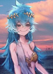 Rule 34 | 1girl, absurdres, ancient greek clothes, blue eyes, blue hair, blush, breasts, chiton, cleavage, cloud, dress, gold bra, greco-roman clothes, highres, laurel crown, long hair, looking at viewer, medium breasts, mythos (vtuber), sash, smile, solo, taku artworks, virtual youtuber, water, white dress, zeus (vtuber)