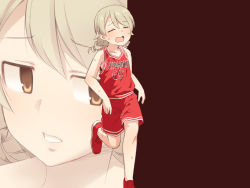 Rule 34 | 1girl, bad id, bad pixiv id, bare arms, bare shoulders, basketball uniform, blush, brown background, brown eyes, brown hair, closed eyes, hair between eyes, idolmaster, idolmaster cinderella girls, long hair, morikubo nono, multiple views, open mouth, red footwear, red shorts, red tank top, ringlets, shoes, shorts, slam dunk (series), sportswear, standing, standing on one leg, sweat, tank top, uccow