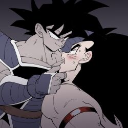 Rule 34 | 2boys, armlet, bara, couple, dark-skinned male, dark skin, dot pupils, dragon ball, dragonball z, eye contact, flustered, grabbing another&#039;s chin, half-closed eyes, hand on another&#039;s chin, highres, imminent kiss, looking at another, male focus, mature male, multiple boys, muscular, muscular male, nude, pectorals, raditz, receding hairline, saiyan armor, short hair, smirk, spiked hair, tullece, upper body, v-shaped eyebrows, yaoi, yoram (yoram551)