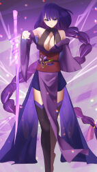 Rule 34 | 1girl, absurdly long hair, absurdres, braid, breasts, cleavage, expressionless, full body, genshin impact, highres, japanese clothes, katagirinanoka, large breasts, long hair, looking at viewer, low-braided long hair, low-tied long hair, purple eyes, purple hair, purple skirt, raiden shogun, skirt, solo, very long hair, weapon