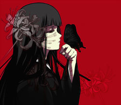 Rule 34 | 00s, bad id, bad pixiv id, black hair, blunt bangs, bug, butterfly, enma ai, flower, hime cut, insect, japanese clothes, jigoku shoujo, kimono, long hair, profile, red background, red eyes, spider lily, wai