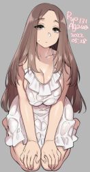Rule 34 | 1girl, agawa ryou, artist name, barefoot, breasts squeezed together, breasts, brown eyes, brown hair, cleavage, collarbone, commentary request, dated, dress, frown, full body, grey background, long hair, looking at viewer, original, signature, simple background, sitting, solo, sweatdrop, thick thighs, thighs, v arms, very long hair, wariza, wet, wet clothes, wet dress, white dress