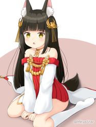 Rule 34 | 1girl, :o, animal ear fluff, animal ears, azur lane, bare shoulders, between legs, black hair, blush, brown background, brown eyes, commentary request, detached sleeves, dress, feet, hair ornament, hand between legs, jewelry, kneehighs, long hair, long sleeves, looking at viewer, mitya, nagato (azur lane), no shoes, parted lips, pleated dress, red dress, ring, sitting, socks, soles, solo, tail, twitter username, two-tone background, very long hair, wariza, white background, white sleeves, white socks