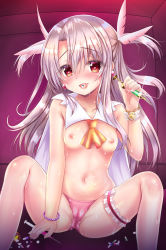 Rule 34 | 1girl, ascot, blush, breasts, bridal garter, brown hair, cameltoe, collar, collarbone, commentary request, detached collar, earrings, fate/kaleid liner prisma illya, fate (series), feather hair ornament, feathers, hair between eyes, hair ornament, head tilt, heart, heart-shaped pupils, highres, holding, holding syringe, illyasviel von einzbern, jewelry, long hair, navel, nipples, nose blush, open mouth, orange ascot, panties, pill, pink feathers, pink panties, prisma illya, red eyes, saliva, shaian, sidelocks, sitting, small breasts, solo, sweat, symbol-shaped pupils, syringe, tongue, tongue out, two side up, underwear, very long hair, white collar