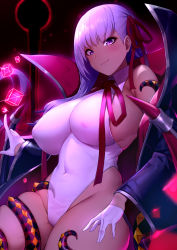 Rule 34 | 1girl, bb (fate), bb (fate) (all), bb (swimsuit mooncancer) (fate), bb (swimsuit mooncancer) (third ascension) (fate), black coat, blush, coat, covered erect nipples, covered navel, fate/grand order, fate (series), fei er, gloves, hair ribbon, half gloves, highleg, highleg leotard, highres, leotard, long hair, looking at viewer, popped collar, purple eyes, purple hair, ribbon, sleeveless, smile, solo, tan, tentacles, white gloves, white leotard