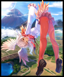 Rule 34 | 10s, 1girl, :o, ass, black border, blunt bangs, border, brown footwear, day, full body, fur trim, head wings, highres, japanese crested ibis (kemono friends), joey koguma, kemono friends, lens flare, long hair, long sleeves, looking at viewer, mountain, multicolored hair, outdoors, pantyhose, pleated skirt, red hair, red pantyhose, shoes, sidelocks, skirt, solo, sun, tail, two-tone hair, white hair, wings, yellow eyes