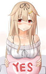 Rule 34 | 10s, 1girl, absurdres, alternate costume, bare shoulders, bow, casual, collarbone, contemporary, eyebrows, hair bow, hair flaps, hair ornament, hair ribbon, hairclip, highres, holding, kantai collection, light brown hair, long hair, looking at viewer, md5 mismatch, parted lips, red eyes, ribbon, saku (kudrove), solo, spaghetti strap, yes, yes-no pillow, yuudachi (kancolle), yuudachi kai ni (kancolle)