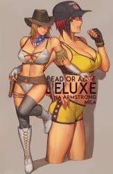 Rule 34 | 2girls, blonde hair, breasts, copyright name, cowboy hat, dead or alive, dead or alive 6, gun, hat, highres, ibanen, large breasts, mila (doa), multiple girls, tecmo, tina armstrong, tomboy, weapon