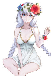 Rule 34 | 1girl, anastasia (fate), anastasia (swimsuit archer) (second ascension) (fate), bare arms, bare legs, between legs, blue eyes, blue flower, bracelet, breasts, cleavage, collarbone, danxing aipangzi, dress, fate/grand order, fate (series), floating hair, flower, halterneck, hand between legs, head wreath, highres, invisible chair, jewelry, long hair, looking at viewer, medium breasts, parted lips, red flower, short dress, silver hair, simple background, sitting, sleeveless, sleeveless dress, solo, very long hair, white background, white dress, white flower