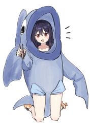 Rule 34 | 1girl, :d, absurdres, black hair, chopsticks, collarbone, copyright request, fish costume, full body, hair between eyes, highres, holding, holding chopsticks, looking at viewer, notice lines, open mouth, red eyes, simple background, smile, solo, syhan, virtual youtuber, white background