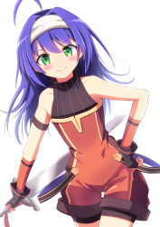 Rule 34 | 1girl, aged down, ahoge, bare shoulders, blue hair, blush, child, closed mouth, collarbone, fingerless gloves, fire emblem, fire emblem: path of radiance, fire emblem heroes, gloves, green eyes, headband, highres, holding, holding sword, holding weapon, looking at viewer, mia (fire emblem), minamonochaba, nintendo, overalls, simple background, smile, solo, sword, turtleneck, upper body, weapon, white background, white headband