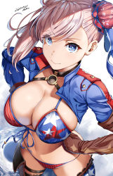 Rule 34 | 1girl, american flag bikini, american flag print, artist name, banned artist, belko, belt, bikini, blue eyes, breasts, brown belt, brown gloves, bun cover, choker, cleavage, clenched hands, closed mouth, cropped jacket, dated, fate/grand order, fate (series), flag print, from above, front-tie bikini top, front-tie top, gloves, hair bun, hair ribbon, hands on own hips, highres, large breasts, miyamoto musashi (fate), miyamoto musashi (fate/grand order), miyamoto musashi (swimsuit berserker) (fate), navel, pink hair, print bikini, ribbon, shrug (clothing), side ponytail, silver hair, single hair bun, single thighhigh, skindentation, smile, solo, swept bangs, swimsuit, thigh strap, thighhighs