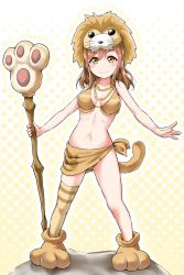 Rule 34 | &gt;:), 1girl, bikini, bikini top only, blush, breasts, brown bikini, brown hair, collarbone, commentary request, full body, halftone, halftone background, highres, holding, holding staff, jewelry, kunikida hanamaru, lion hood, lion tail, loincloth, looking at viewer, love live!, love live! school idol festival, love live! sunshine!!, medium breasts, midriff, navel, necklace, paw print, paw shoes, paw stick, single thighhigh, solo, staff, standing, swimsuit, tail, thighhighs, yellow eyes, yopparai oni