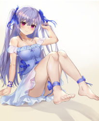 Rule 34 | 1girl, absurdres, ankle ribbon, arm at side, arm up, bare legs, barefoot, blue panties, blue ribbon, blush, breasts, cleavage, closed mouth, collarbone, feet, frills, full body, hair ribbon, hand in own hair, highres, leg ribbon, long hair, mole, mole under eye, off shoulder, original, panties, pantyshot, pink eyes, purple hair, ribbon, shadow, sitting, skirt, small breasts, smile, snowflakes, solo, straight hair, suiete, toes, two side up, underwear, very long hair, white background, white skirt