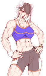 Rule 34 | 1girl, abs, biceps, bike shorts, black hair, breasts, brown hair, bun cover, capcom, chun-li, cowboy shot, double bun, eyelashes, female focus, hands on own hips, large breasts, lipstick, looking at viewer, makeup, midriff, muscular, muscular female, navel, parted lips, puckered lips, short hair, solo, sports bra, street fighter, sweat, tabe koji, thick thighs, thighs, toned, watch, wristband, wristwatch
