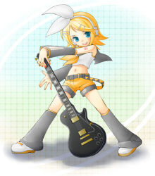 Rule 34 | 1girl, blonde hair, blouse, blush, chitose kiiro, detached sleeves, epirca, female focus, full body, guitar, headphones, instrument, kagamine rin, looking at viewer, midriff, shirt, short hair, short shorts, shorts, simple background, solo, standing, swept bangs, thighs, vocaloid, white shirt
