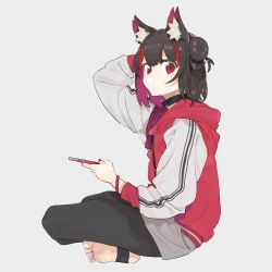Rule 34 | 1girl, animal ears, black collar, black hair, black pants, cat ears, cellphone, collar, commentary request, crossed legs, drawstring, expressionless, from side, grey background, hair bun, hand on own head, highres, holding, holding phone, jacket, looking at viewer, machi (wm), multicolored hair, original, pants, phone, raglan sleeves, red eyes, red hair, short hair, side bun, simple background, single side bun, sitting, smartphone, solo, stirrup legwear, toeless legwear, two-tone hair