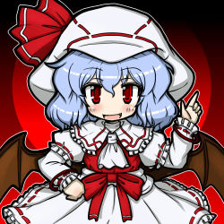 Rule 34 | 1girl, ascot, bat wings, blue hair, blush, curiosities of lotus asia, eruru (erl), fang, female focus, hat, hat ribbon, highres, long sleeves, open mouth, puffy sleeves, remilia scarlet, ribbon, short hair, solo, touhou, wings, wrist cuffs