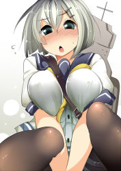 Rule 34 | 10s, 1girl, aki (akikaze asparagus), between breasts, blue eyes, blush, bob cut, breasts squeezed together, breasts, covered erect nipples, flying sweatdrops, hair ornament, hairclip, hamakaze (kancolle), kantai collection, large breasts, open mouth, pantyhose, personification, school uniform, see-through, see-through legwear, serafuku, short hair, silver hair, solo, strap between breasts, v arms