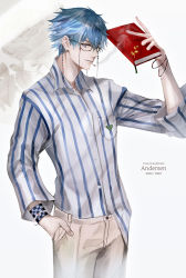 Rule 34 | 184756o, 1boy, 2022, aged up, bad id, bad twitter id, blue eyes, blue hair, book, character name, dated, eyewear strap, fate/grand order, fate (series), floral background, glasses, hans christian andersen (adult) (fate), hans christian andersen (fate), heart, heart print, holding, holding book, leaf, long sleeves, shirt, smile, striped clothes, striped shirt, vertical-striped clothes, vertical-striped shirt