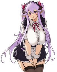 Rule 34 | 1girl, :d, black thighhighs, breasts, collared shirt, cowboy shot, demon maid (houtengeki), garter straps, highres, horns, houtengeki, large breasts, long hair, looking at viewer, open mouth, original, pointy ears, purple eyes, purple hair, shirt, short sleeves, simple background, smile, thighhighs, thighs, white background, white shirt, wrist cuffs