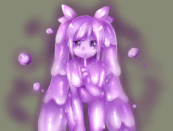 Rule 34 | colored skin, finger to mouth, kai himo, monster girl, pointy ears, purple eyes, purple hair, purple skin, slime girl, smile, twintails