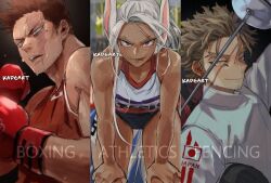 1girl 2boys :p animal_ears artist_name bare_shoulders black_buruma blonde_hair blue_eyes boku_no_hero_academia boxing_gloves brown_hair buruma commentary dark-skinned_female dark_skin endeavor_(boku_no_hero_academia) english_commentary english_text facial_hair fencing_suit foil_(fencing) gloves hand_up hands_on_own_knees hands_up hawks_(boku_no_hero_academia) helmet holding holding_helmet japanese_flag_print kadeart leaning_forward long_eyelashes long_hair looking_at_viewer mirko multiple_boys olympics rabbit_ears rabbit_girl red_eyes red_gloves red_tank_top scar scar_across_eye scar_on_face short_hair smile spiked_hair sportswear stubble sweat tank_top thighs toned_female tongue tongue_out track_uniform v-shaped_eyebrows very_long_hair white_hair