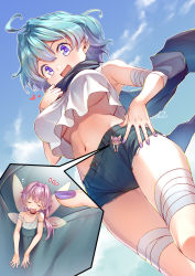 Rule 34 | 1boy, 1girl, ahoge, armpits, bandages, blue eyes, blue hair, blue scarf, breasts, close-up, closed eyes, cloud, crop top, cutoffs, day, denim, denim shorts, fairy, fairy wings, from below, groin, highres, in pocket, long hair, looking down, midriff, mini person, miniboy, mitake eil, nail polish, navel, no bra, open mouth, original, outdoors, pink hair, ponytail, scarf, shirt, short hair, short shorts, shorts, sky, sleeping, sleeveless, sleeveless shirt, smile, standing, thighs, underboob, upshirt, white shirt, wings