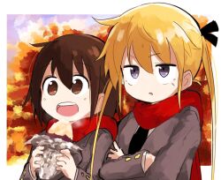 Rule 34 | 2girls, autumn, blonde hair, brown eyes, brown hair, crossed arms, food, hair ribbon, holding, holding food, kill me baby, long hair, long sleeves, multiple girls, necktie, open mouth, oribe yasuna, purple eyes, red scarf, ribbon, roasted sweet potato, scarf, school uniform, sonya (kill me baby), sweet potato, twintails, upper body, yajiro555