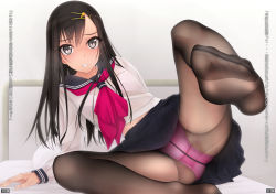 Rule 34 | 1girl, arm at side, arm behind back, arm support, bed, bed sheet, black hair, black skirt, breasts, brown pantyhose, clenched teeth, crotch seam, feet, fingernails, flower, foot focus, grey eyes, hair flower, hair ornament, hairclip, highres, indoors, leg up, long hair, long sleeves, looking at viewer, lying, murakami suigun, navel, neckerchief, no shoes, non-web source, on bed, on side, open mouth, original, page number, panties, panties under pantyhose, pantyhose, pillow, pink panties, pleated skirt, purple neckerchief, sailor collar, school uniform, serafuku, shirt, skirt, soles, solo, stomach, teeth, toenails, toes, translation request, underwear, upskirt, v-shaped eyebrows, white shirt