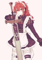 Rule 34 | alternate costume, anger vein, apron, bad id, bad twitter id, black dress, closed mouth, crossdressing, diluc (genshin impact), dress, enmaided, frilled apron, frills, genshin impact, gloves, grey background, hair between eyes, highres, holding, holding sword, holding weapon, hotta mskz, long hair, long sleeves, maid, maid headdress, male focus, ponytail, red eyes, red hair, simple background, solo, sparkle, sword, weapon, white apron, white legwear
