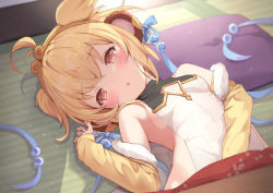 Rule 34 | 1girl, :o, ahoge, andira (granblue fantasy), animal ears, arm up, armpits, bare shoulders, blonde hair, blue ribbon, blush, breasts, cleavage, cleavage cutout, clothing cutout, detached sleeves, erune, granblue fantasy, hair ribbon, hairband, kimblee, kotatsu, looking at viewer, lying, monkey ears, on back, orange eyes, parted lips, pillow, ribbon, short hair, small breasts, solo, table, two side up