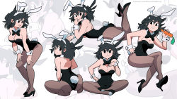 Rule 34 | 1girl, animal ears, ass, barefoot, black bow, black footwear, black leotard, black nails, black neckwear, bow, bowtie, carrot, curvy, fake animal ears, fake tail, food, hairband, hand on own hip, high heels, highleg, highleg leotard, highres, holding, holding food, holding vegetable, invisible chair, leotard, lucia (scott malin), lying, multiple views, nail polish, narrow waist, on stomach, original, pantyhose, parted lips, playboy bunny, rabbit ears, rabbit tail, scott malin, sitting, smile, standing, strapless, strapless leotard, tail, vegetable, white hairband, wide hips, wrist cuffs