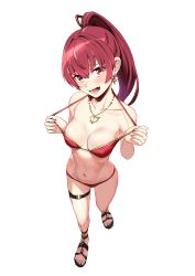 Rule 34 | 1girl, absurdres, arrow through heart, artist name, artpatient, bikini, bikini pull, breasts, clothes pull, earrings, fang, full body, halterneck, heart, heart earrings, heart necklace, heterochromia, highres, hololive, houshou marine, houshou marine (summer), jewelry, long hair, medium breasts, navel, necklace, o-ring, o-ring thigh strap, open mouth, ponytail, red eyes, red hair, sandals, simple background, smile, solo, swimsuit, teeth, thigh strap, virtual youtuber, white background, yellow eyes