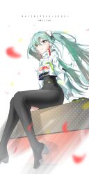 Rule 34 | 1girl, absurdres, aqua eyes, aqua hair, artist name, asymmetrical bodysuit, black bodysuit, black gloves, blurry, bodysuit, boots, breasts, brlis, character name, confetti, covered navel, cropped jacket, depth of field, gloves, goodsmile racing, green gloves, hair between eyes, hatsune miku, highres, jacket, long hair, long sleeves, looking at viewer, medium breasts, racing miku, racing miku (2022), single thigh boot, single thighhigh, smile, solo, thigh boots, thighhighs, thighs, twintails, two-tone gloves, white jacket
