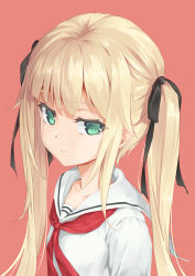 Rule 34 | 1girl, bitterpain, black ribbon, blonde hair, blunt bangs, child, green eyes, highres, looking at viewer, neck ribbon, original, red background, ribbon, shirt, simple background, solo, twintails, uniform