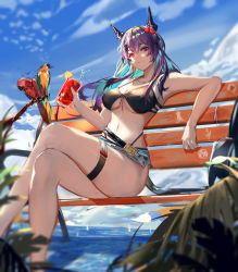 Rule 34 | 1girl, absurdres, arknights, armpits, bare arms, bare shoulders, bench, bikini, bird, black bikini, blue hair, blue sky, breasts, ch&#039;en (arknights), ch&#039;en the holungday (arknights), ch&#039;en the holungday (elite ii) (arknights), cleavage, closed mouth, cloud, crazy straw, crossed legs, cup, day, dragon girl, dragon horns, dragon tail, drinking glass, drinking straw, feet out of frame, gradient hair, has bad revision, has downscaled revision, highleg, highleg bikini, highres, holding, holding cup, horns, large breasts, long hair, looking at viewer, md5 mismatch, mkt (pixiv15187870), multicolored hair, navel, ocean, official alternate costume, on bench, outdoors, park bench, parrot, purple hair, red eyes, resolution mismatch, sitting, sky, solo, source smaller, stomach, swimsuit, tail, thigh strap, underboob