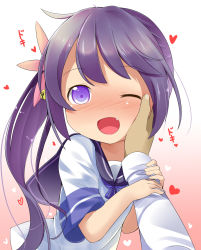 Rule 34 | 10s, 1girl, ;d, akebono (kancolle), bell, blush, commentary request, fang, flower, hair bell, hair flower, hair ornament, hand on another&#039;s cheek, hand on another&#039;s face, heart, highres, holding another&#039;s wrist, jingle bell, kantai collection, long hair, looking at viewer, makuran, nose blush, one eye closed, open mouth, pov, pov hands, purple eyes, purple hair, school uniform, serafuku, side ponytail, smile, solo focus, very long hair, aged down
